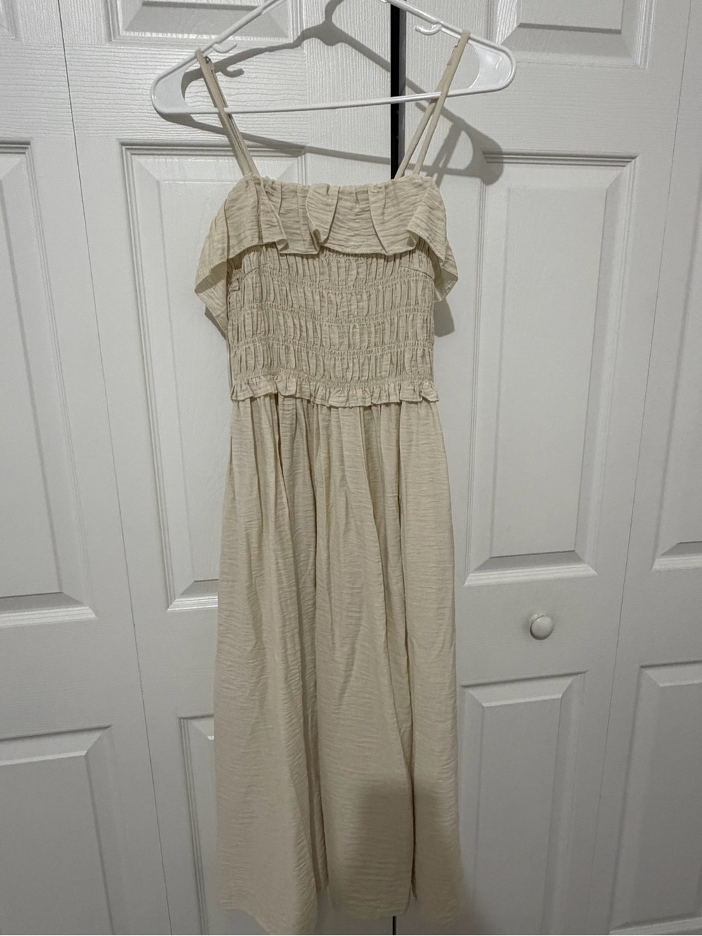 Time and Tru Cream Smocked Ruffle Strap Dress